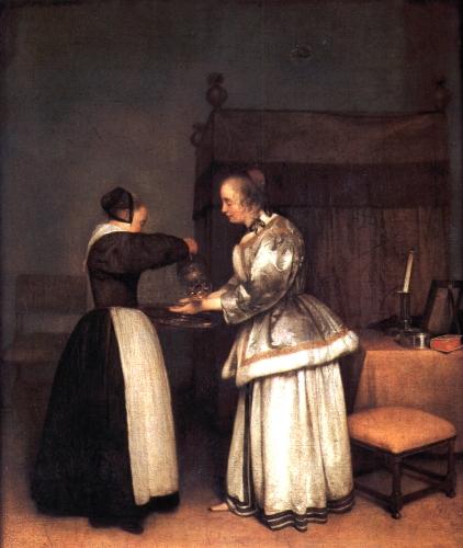 Dame mit Magd beim Händespülen    