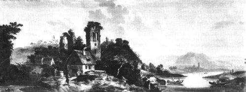 Landschaft mit Ruine und Bauernkaten 