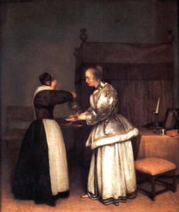 Dame mit Magd beim Händespülen    