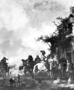 Halt einer Reitergesellschaft am Bauernhaus          