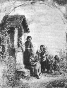 Zwei Kinderbilder: Kinder schmücken den Heiligenstock 